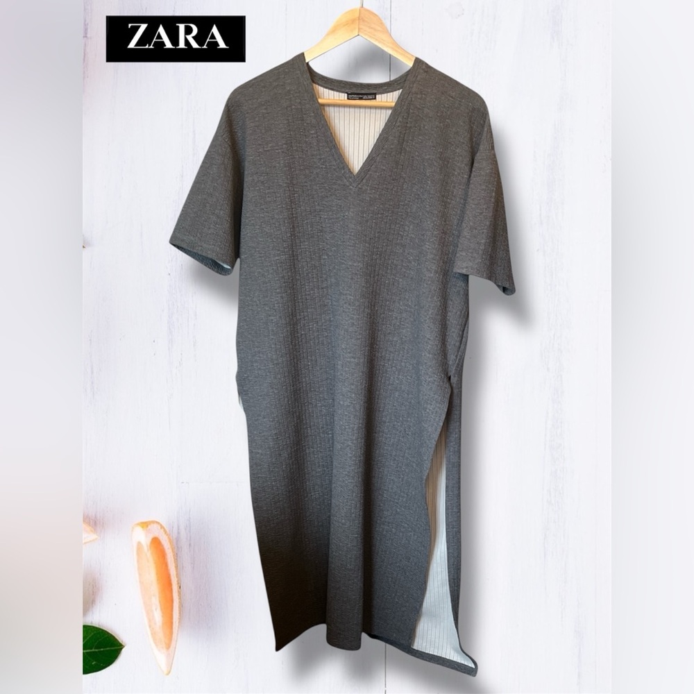 Zara Minimalist V-Neck Midi Dress in Charcoal Gray
